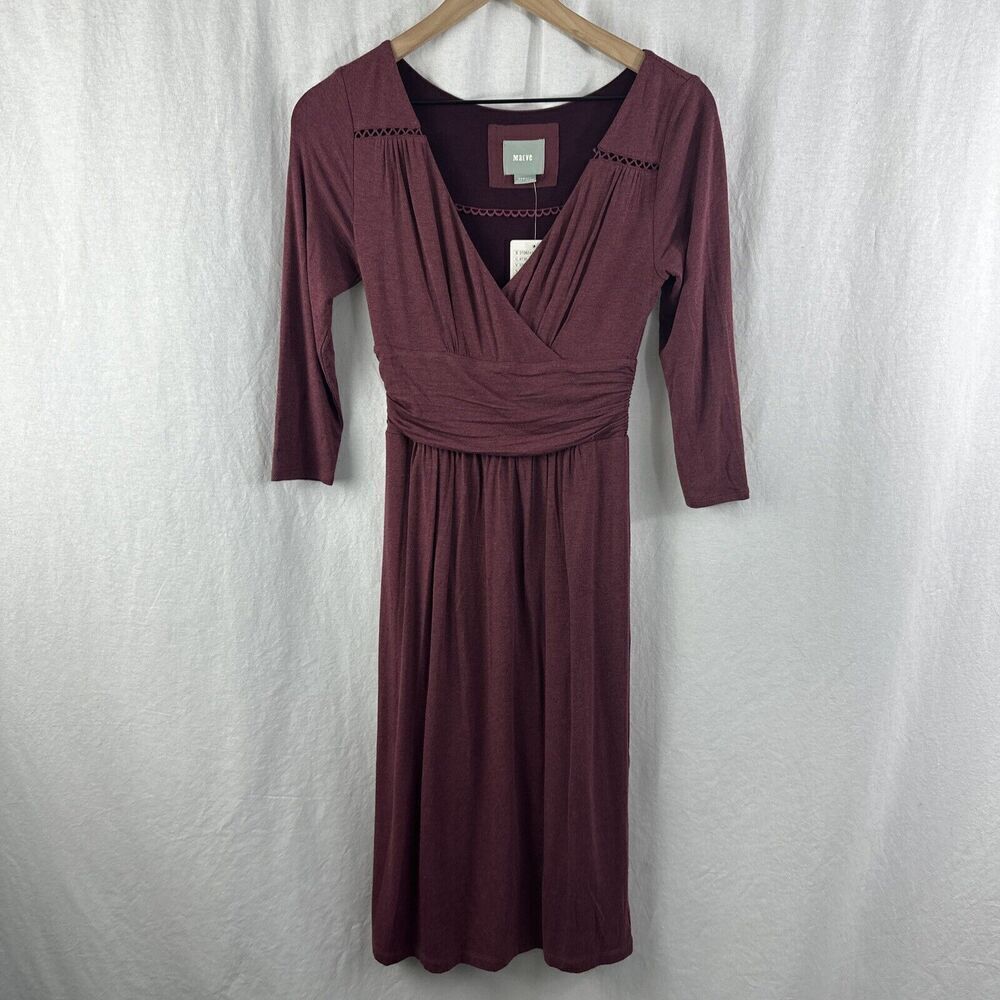 Maeve Anthropologie Galena Wine Ruched 3/4 Sleeve Jersey Midi Dress Womens XS